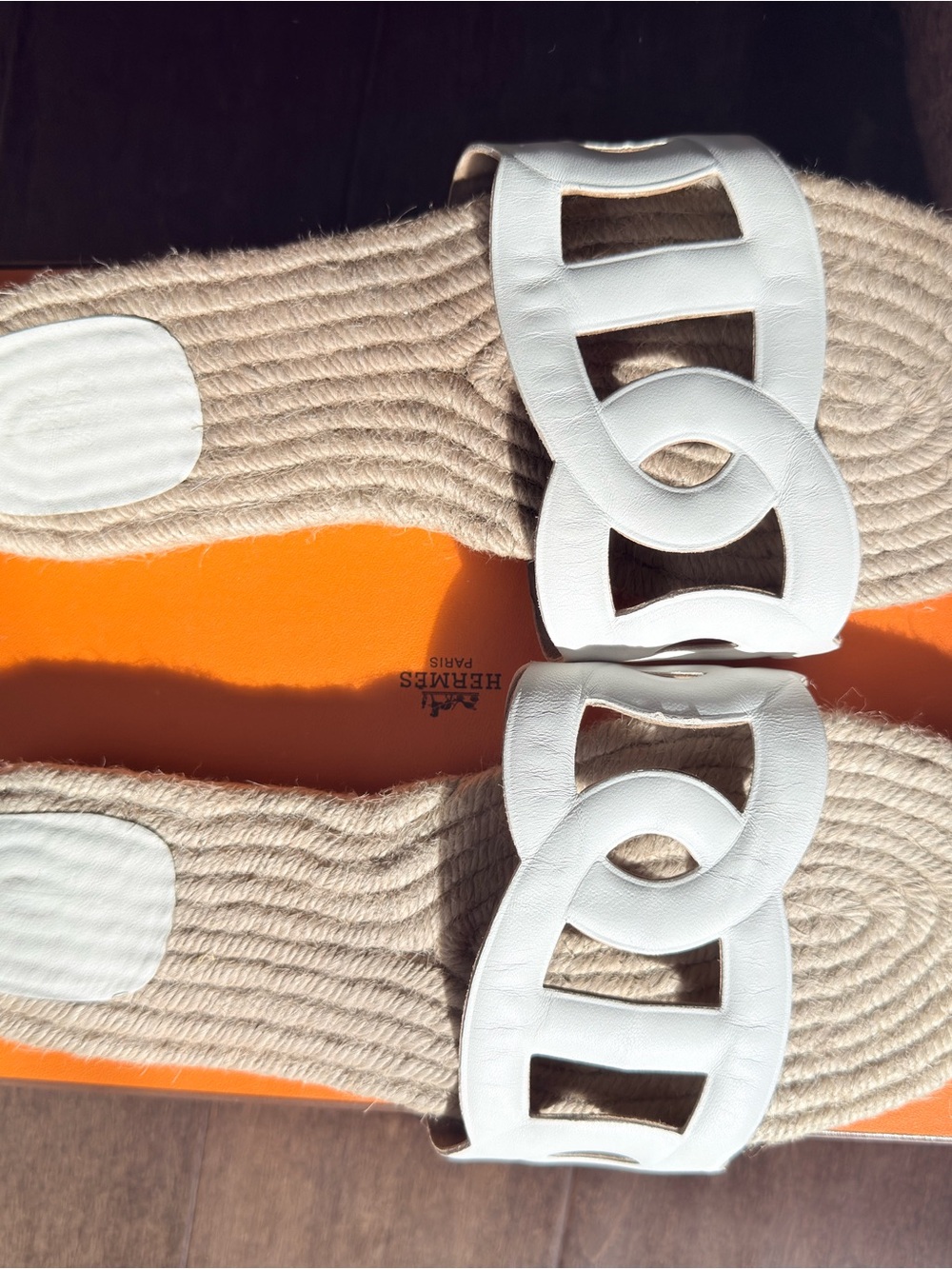 Hermès Famosa White Leather Espadrille Slide Sandals